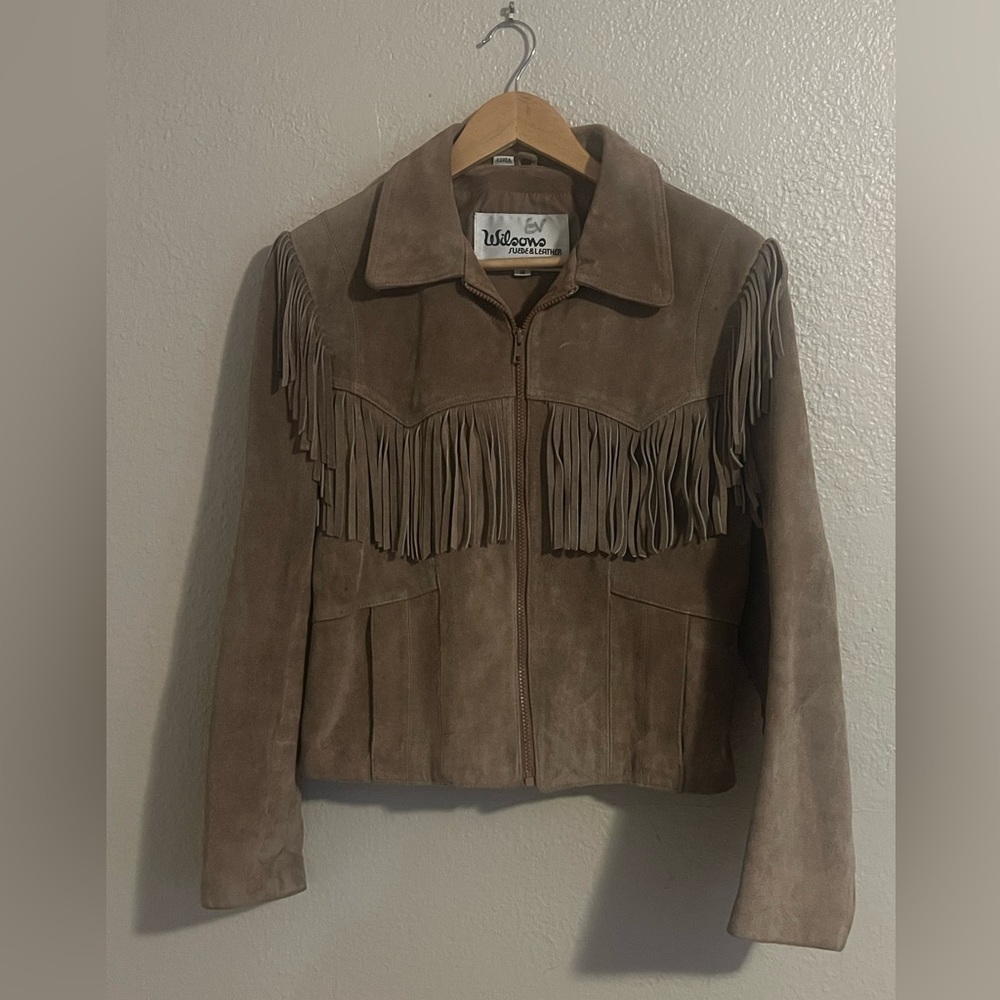 Camel colored leather jacket with fringe